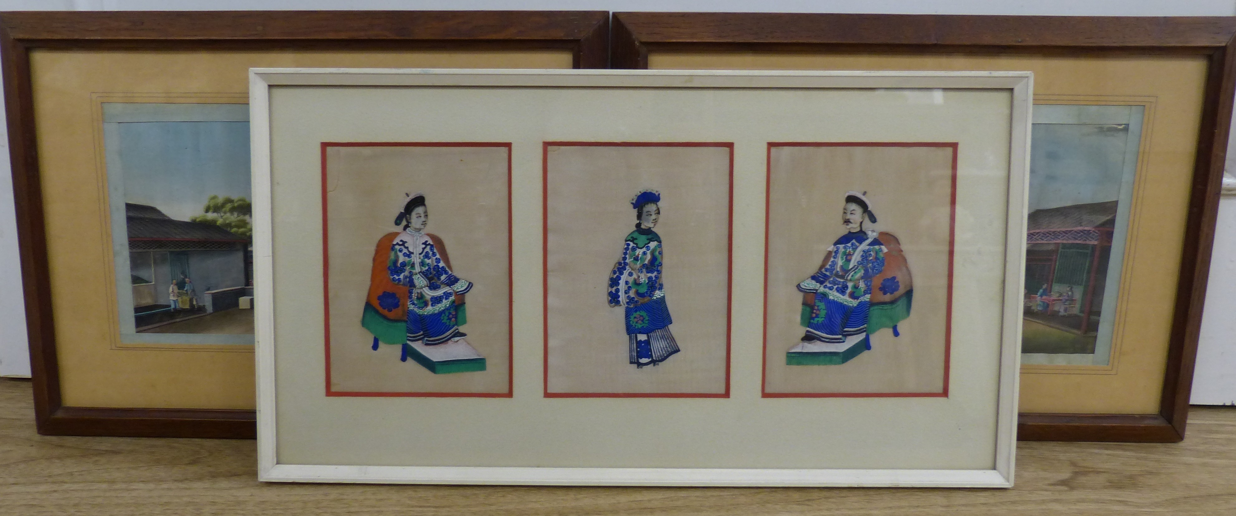 A pair of 19th century Chinese tea production paintings on rice paper, 14 x 23cm and similar group of three portraits